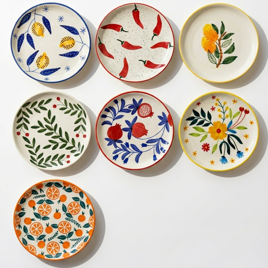 Set of seven small ceramic plates with colorful floral and fruit patterns on a white background.