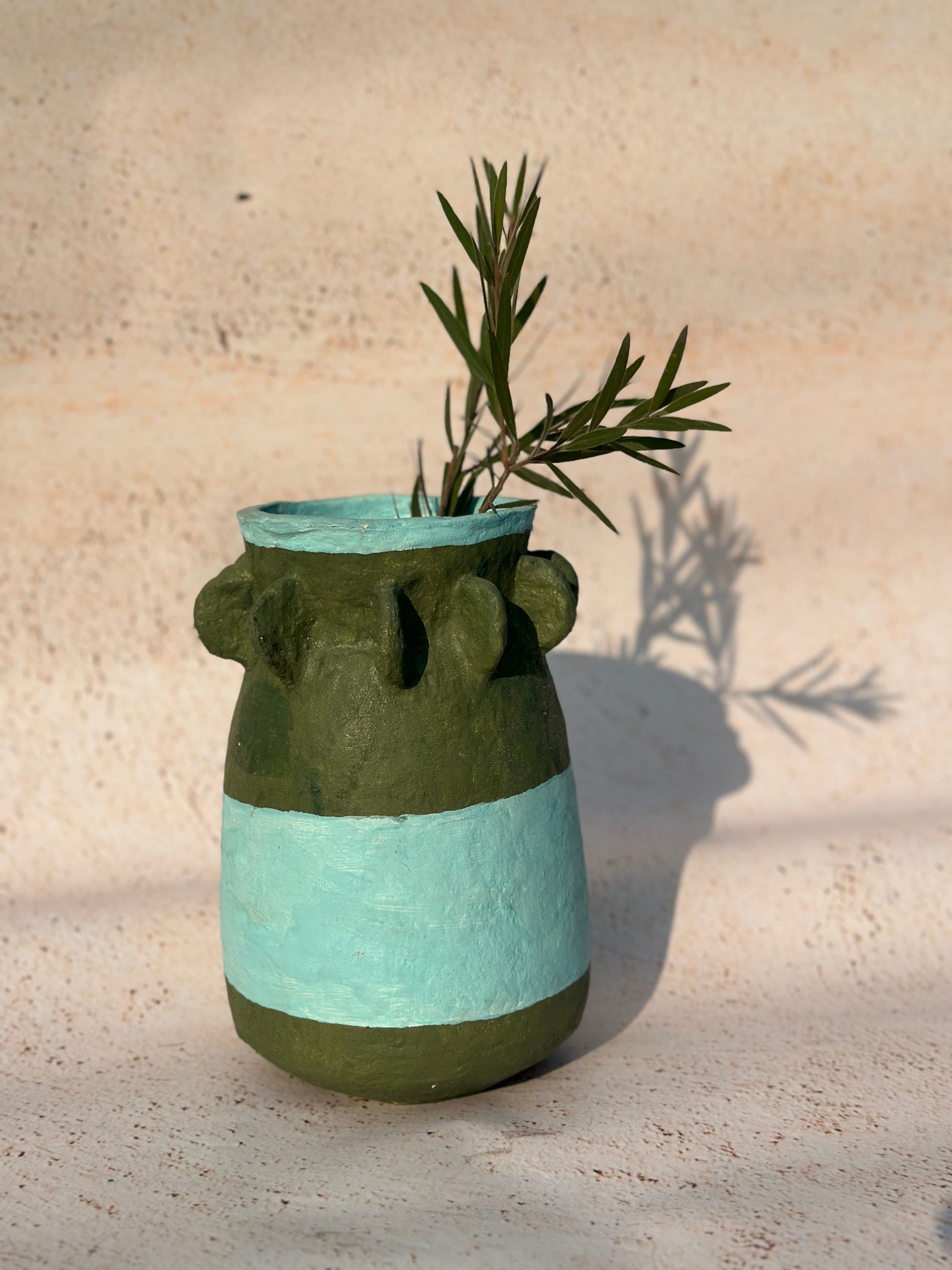 Stripe Olive Green & Sky Blue Paper Mache Vase