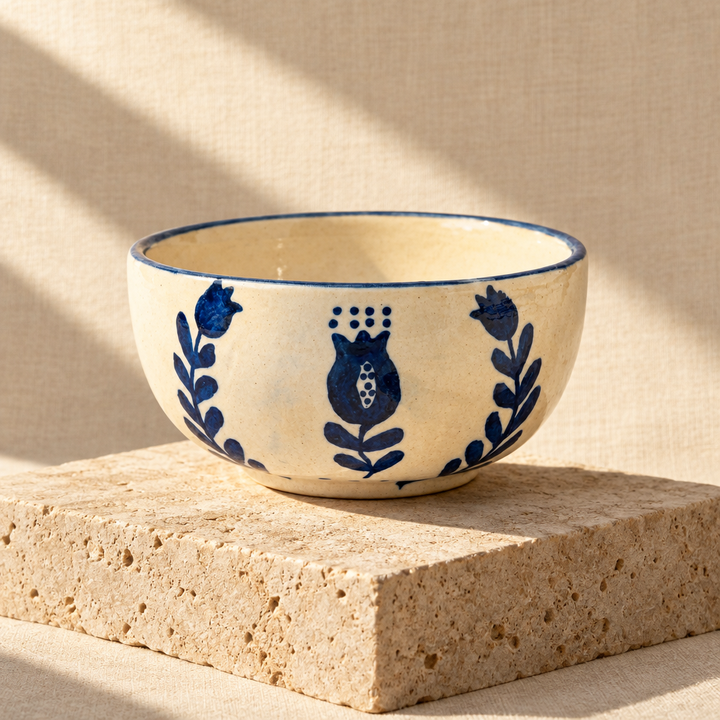 A cream-colored ceramic bowl with a dark blue pomegranate and floral pattern, styled on a white surface with a beige napkin, a silver spoon, and a few almonds and cashews.