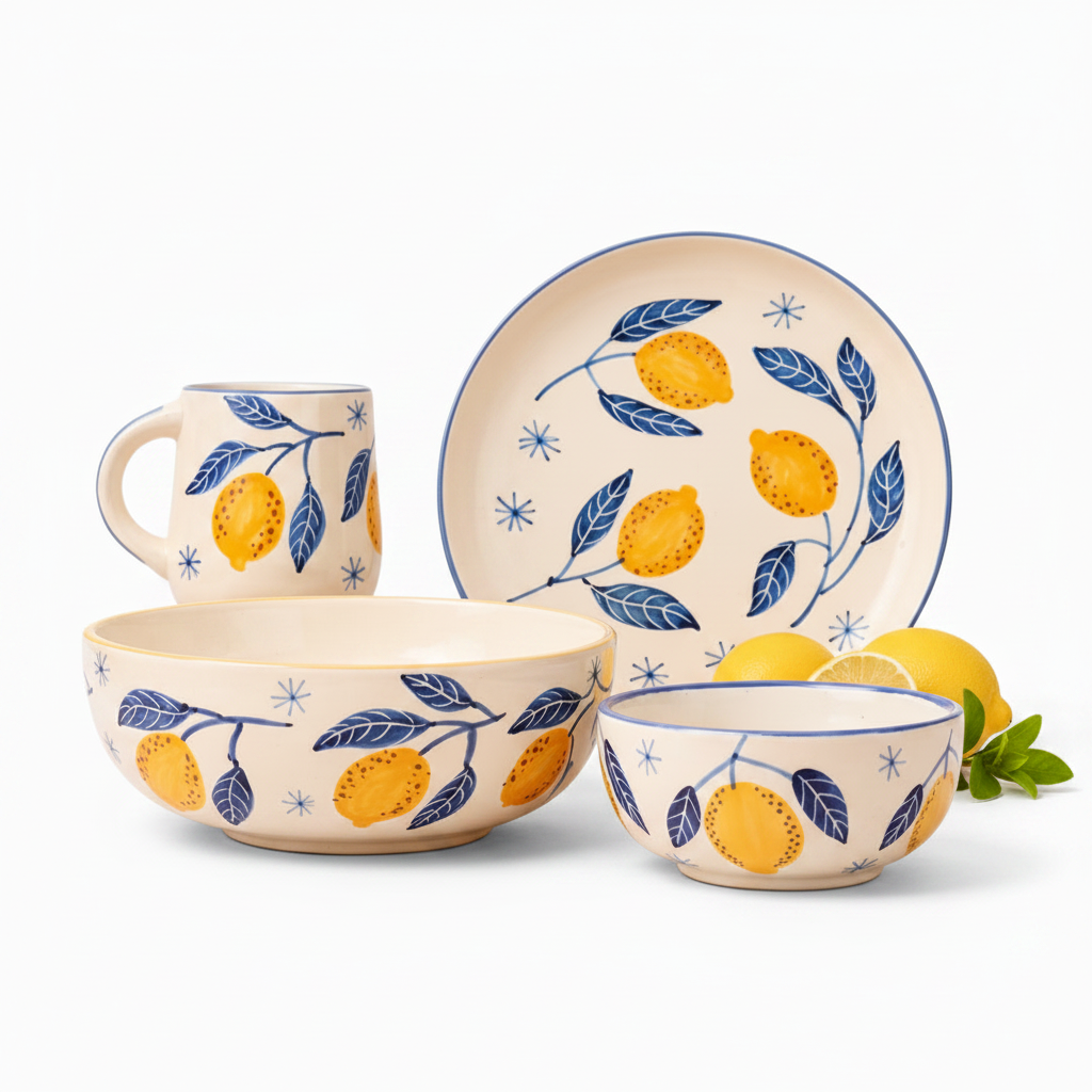 Ceramic tableware set with lemon and leaf pattern on a beige background