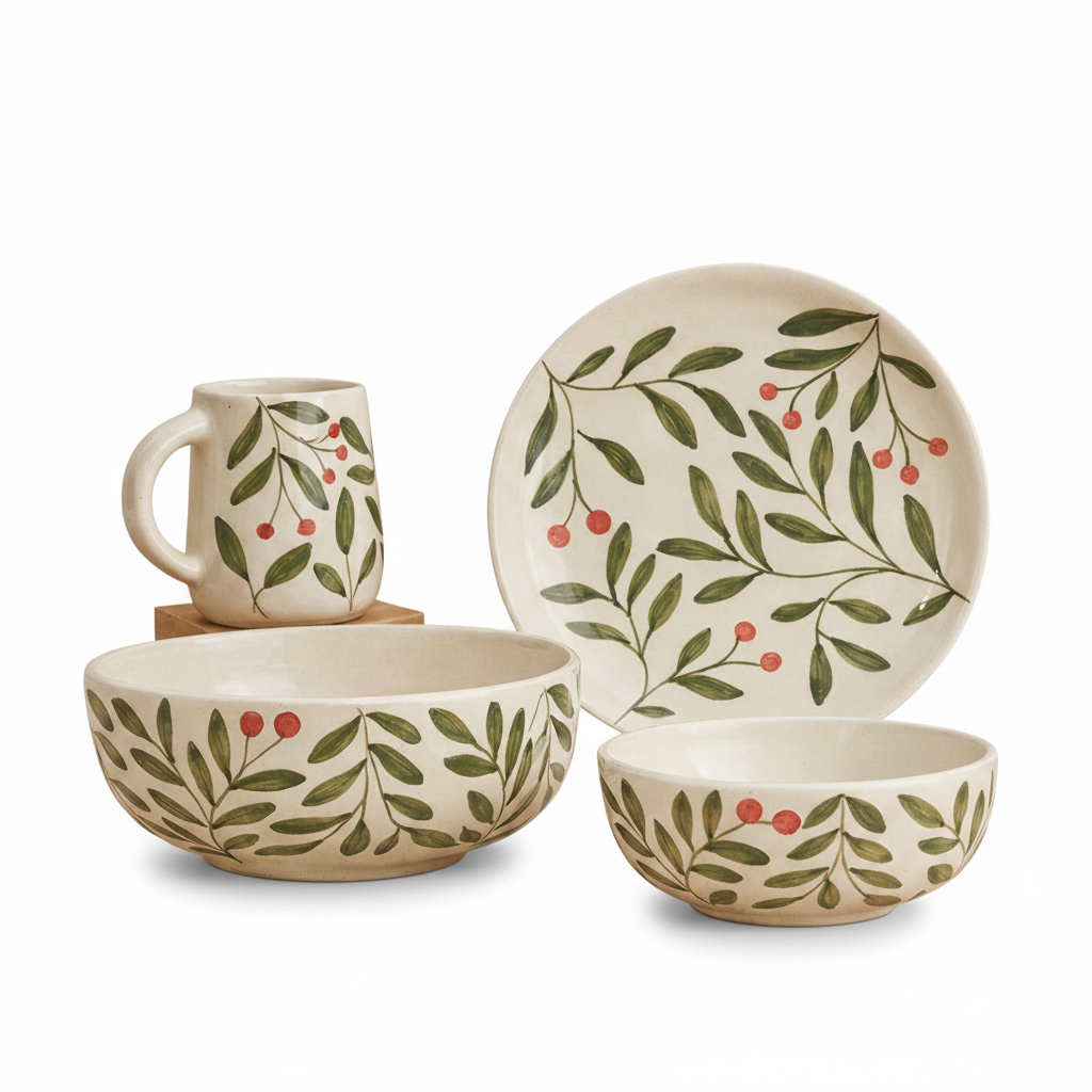 Ceramic tableware set with leaf and berry pattern on a beige background