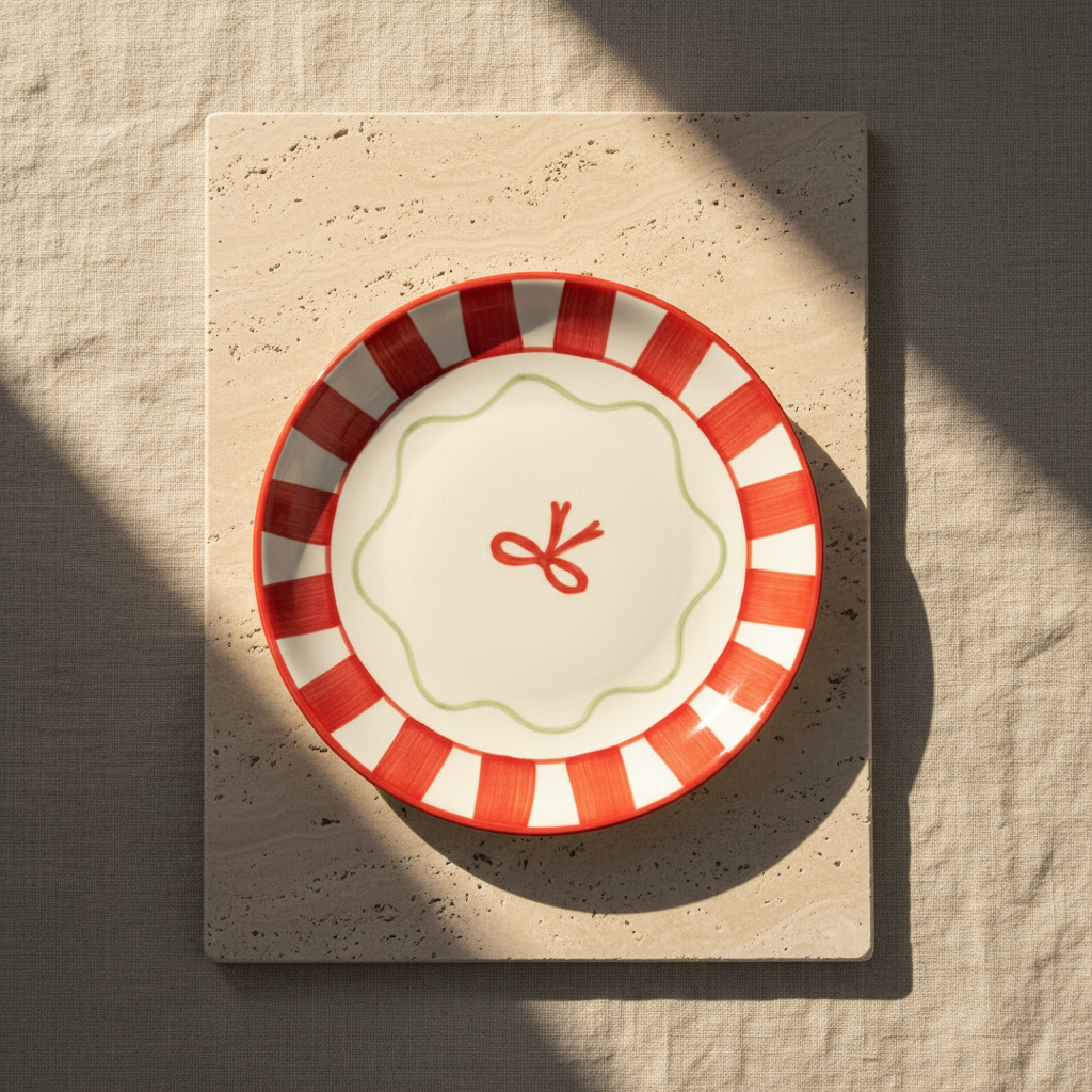 Decorative Christmas table setting with a red and white striped plate, small tree, and ornaments.