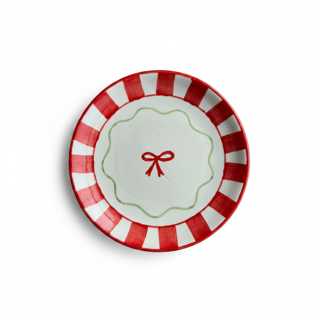 Decorative plate with red and white stripes and a red bow design on an orange background