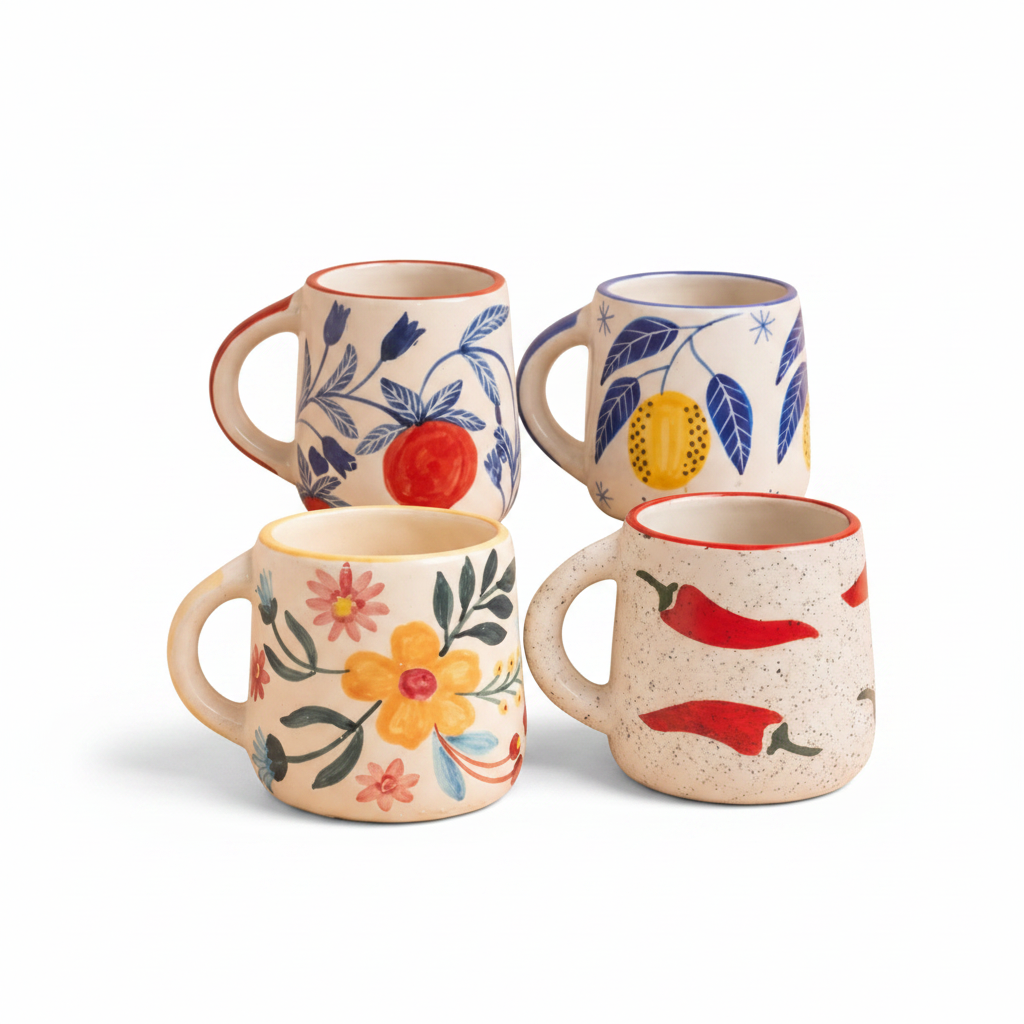 Lemon Anaar Mirchi Floral Mug Combo Set of 4