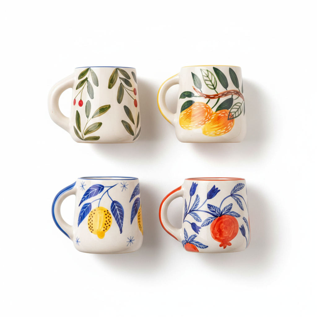 Set of four ceramic mugs with floral and fruit designs in a box with straw lining.