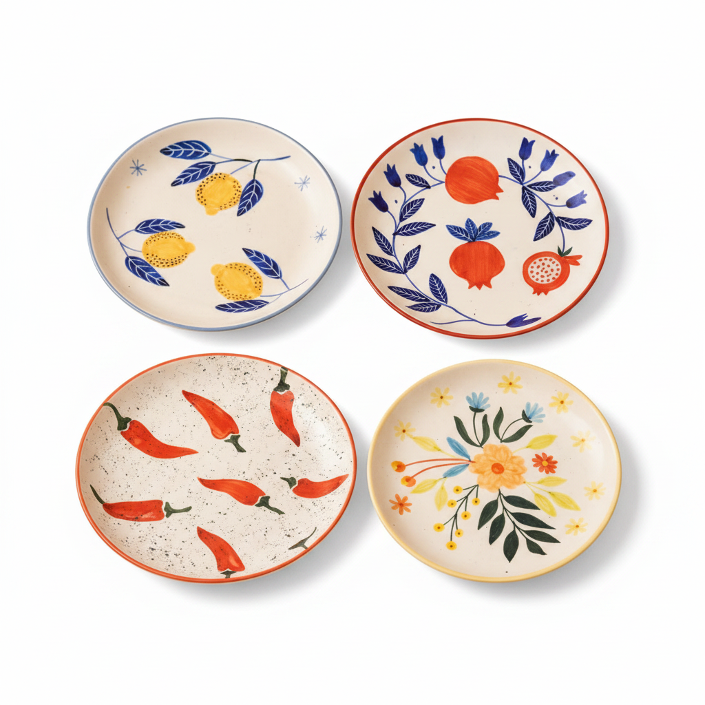 Lemon Anaar Mirchi Floral Plates Combo - Buy 3 Get 1 Free