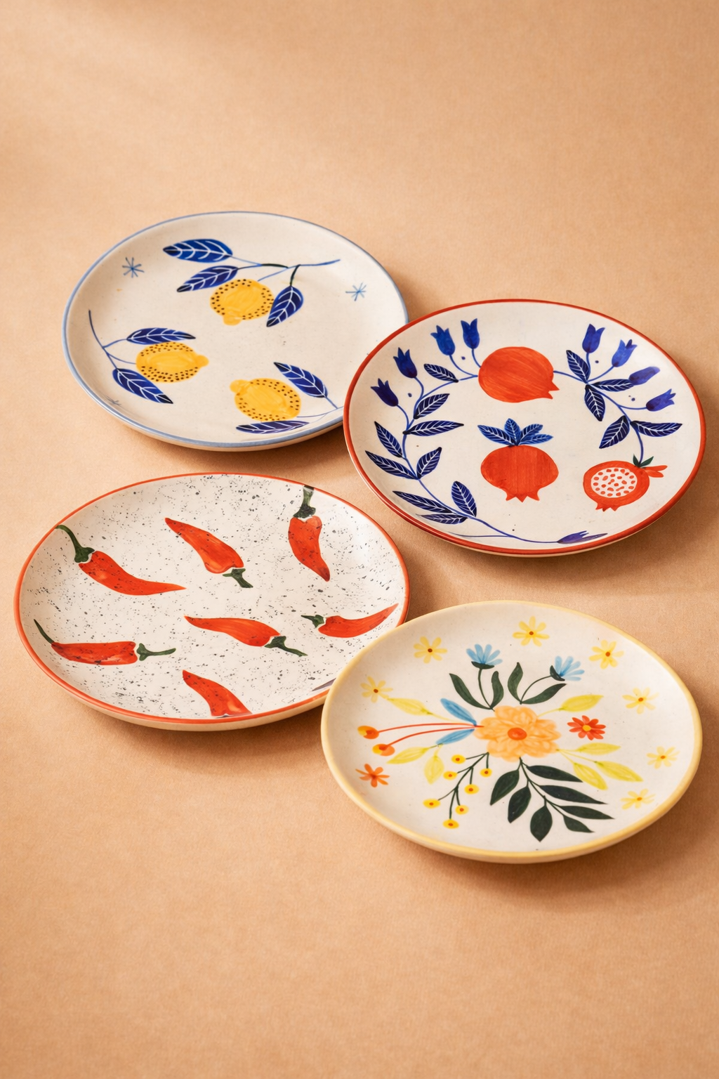 Lemon Anaar Mirchi Floral Plates Combo - Buy 3 Get 1 Free