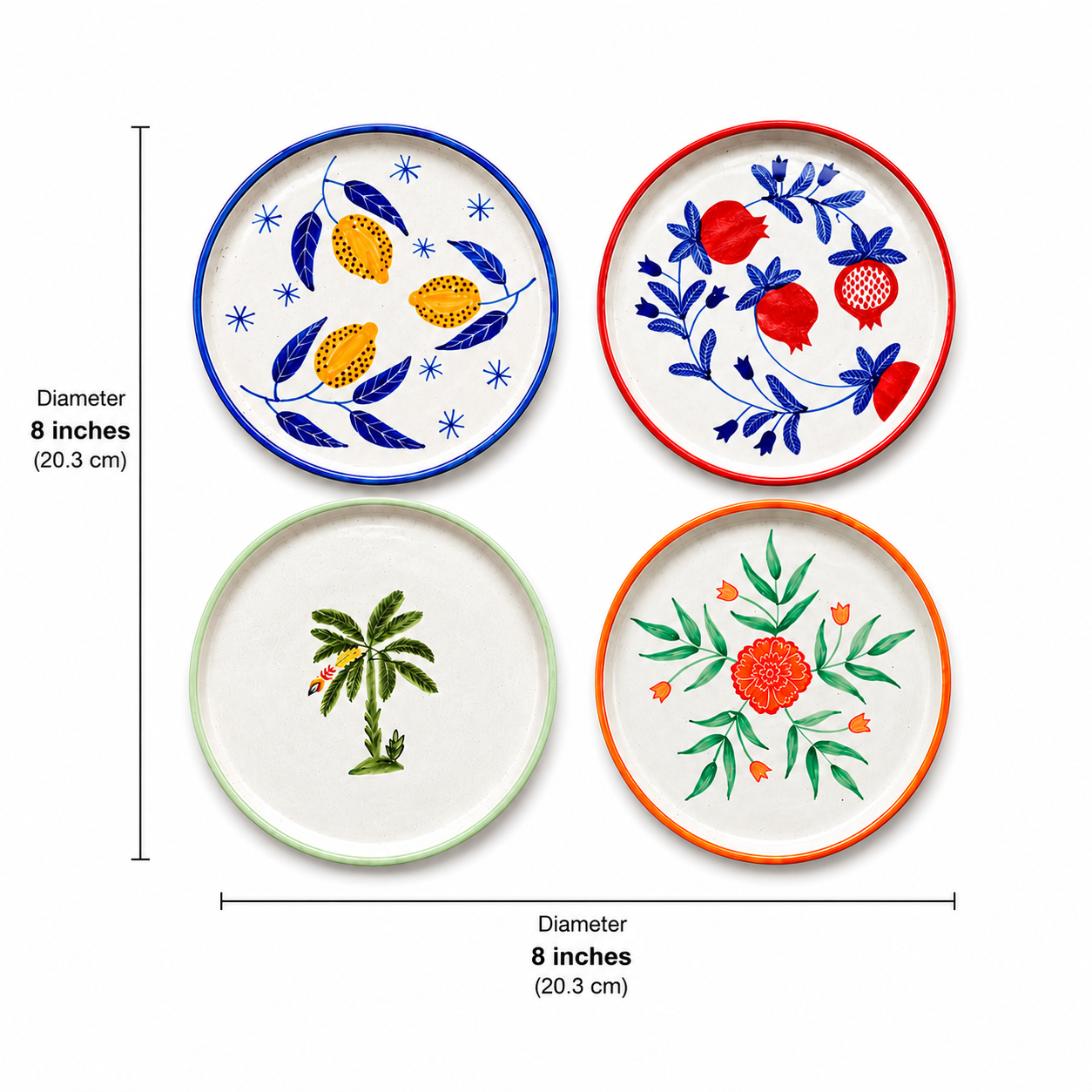 Multi Color Ceramic Snack Plate Combo (8 inches) - Set of 4