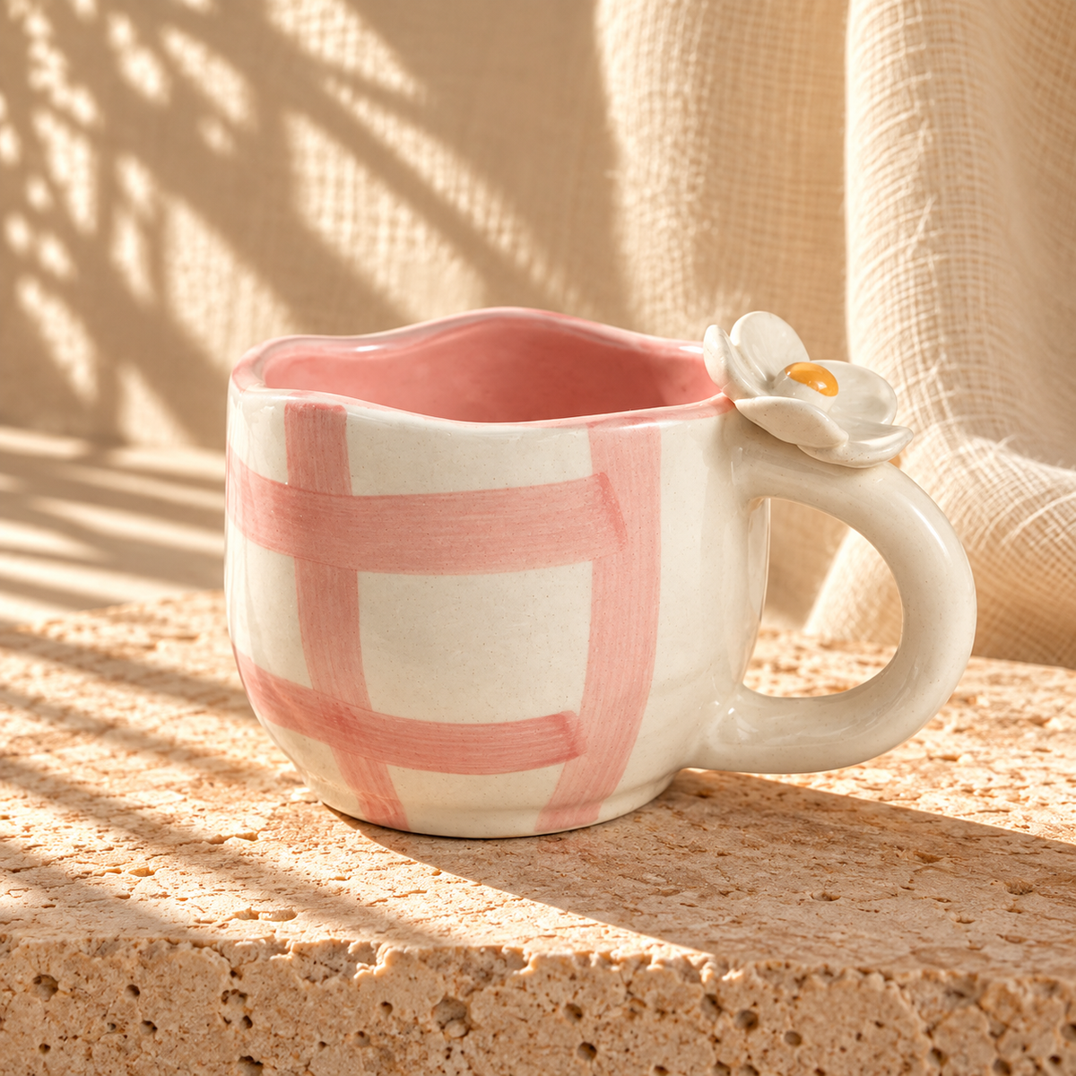 Handmade Pink Gingham Ceramic Mug with 3D Flower Handle (220 ml )