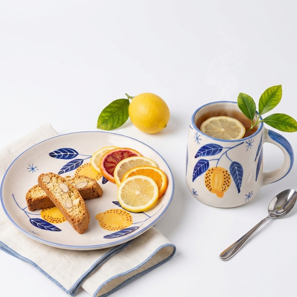 Italian Lemon Leafy Ceramic Set - Plate & Cup