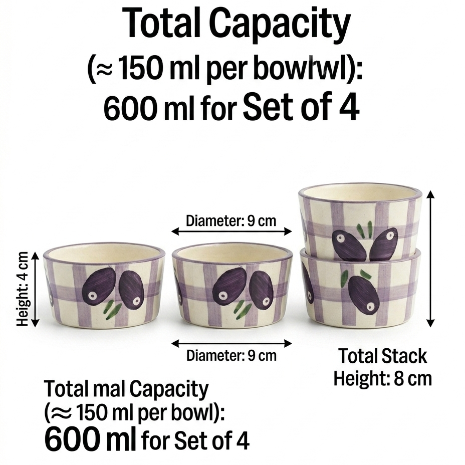 Set of four small checkered bowls with bird design, showing total capacity and dimensions.