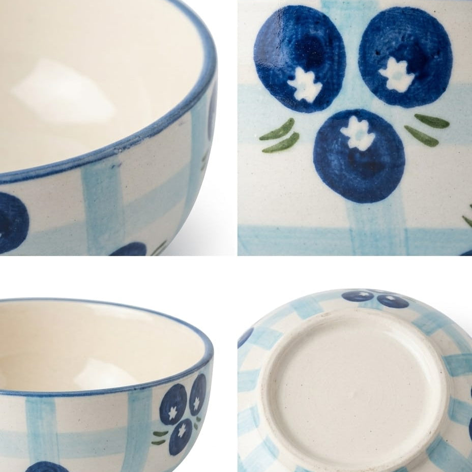 A ceramic bowl shown in a four-panel collage from multiple angles, featuring a white interior, blue rim, blue floral motifs, and a light blue and white checkered pattern on the exterior.