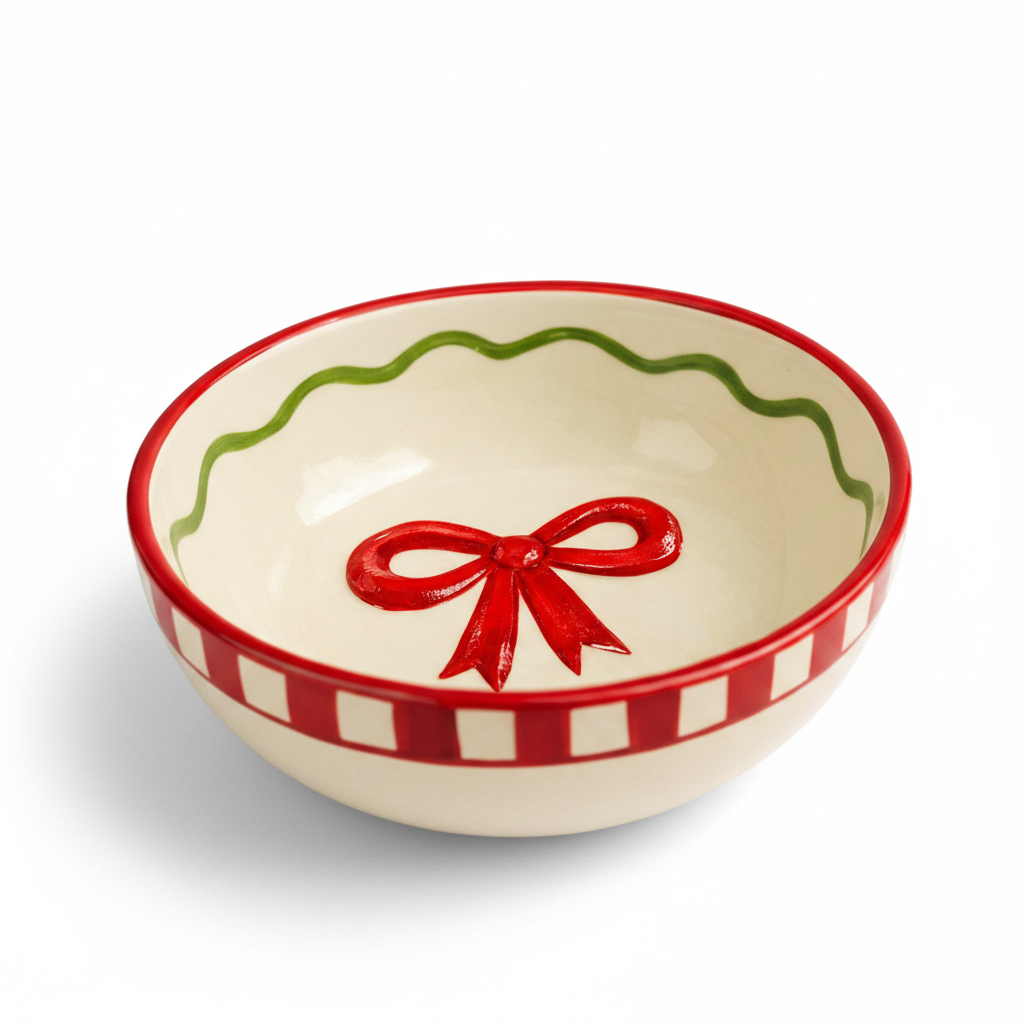 Set - Candy Cane Red Bow Ceramic Small Bowl