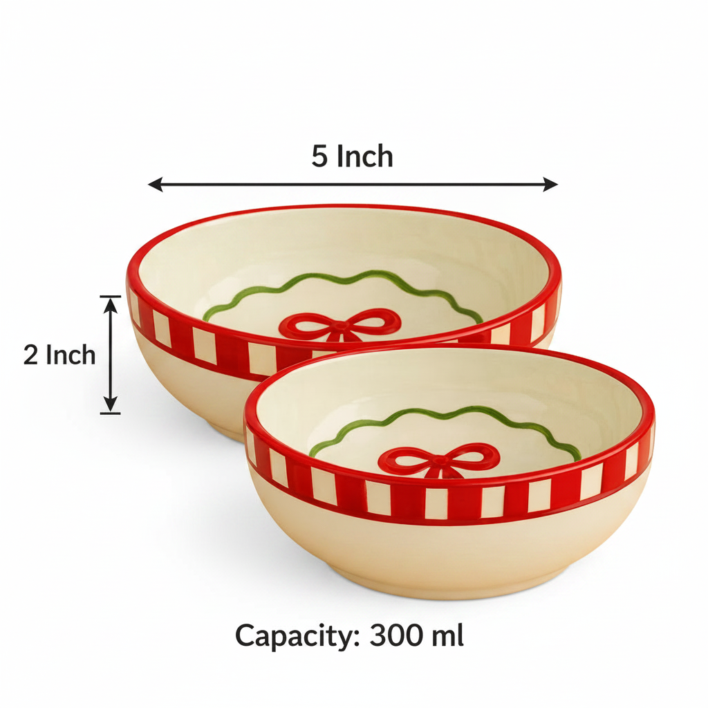 Set - Candy Cane Red Bow Ceramic Small Bowl