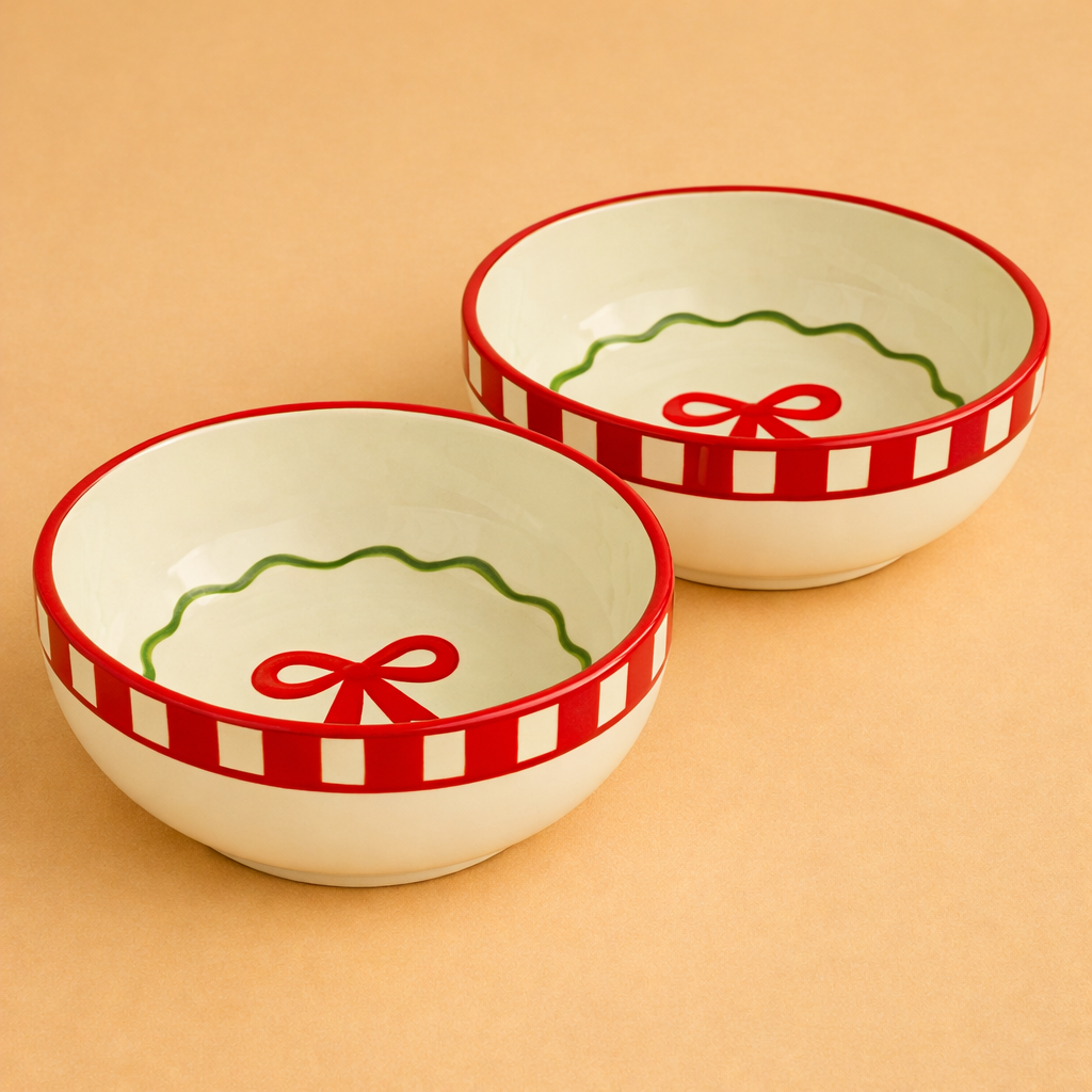 Set - Candy Cane Red Bow Ceramic Small Bowl