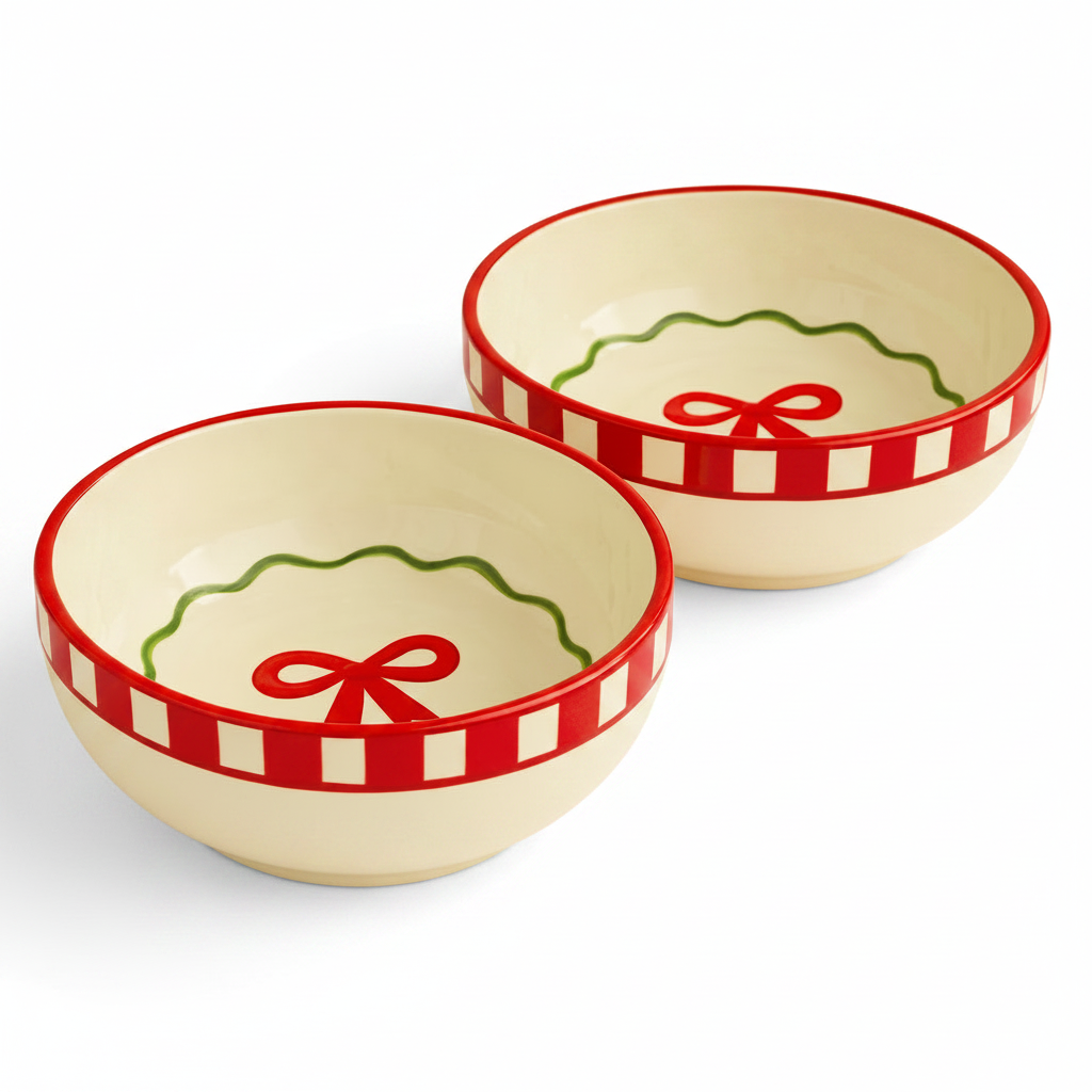 Set - Candy Cane Red Bow Ceramic Small Bowl
