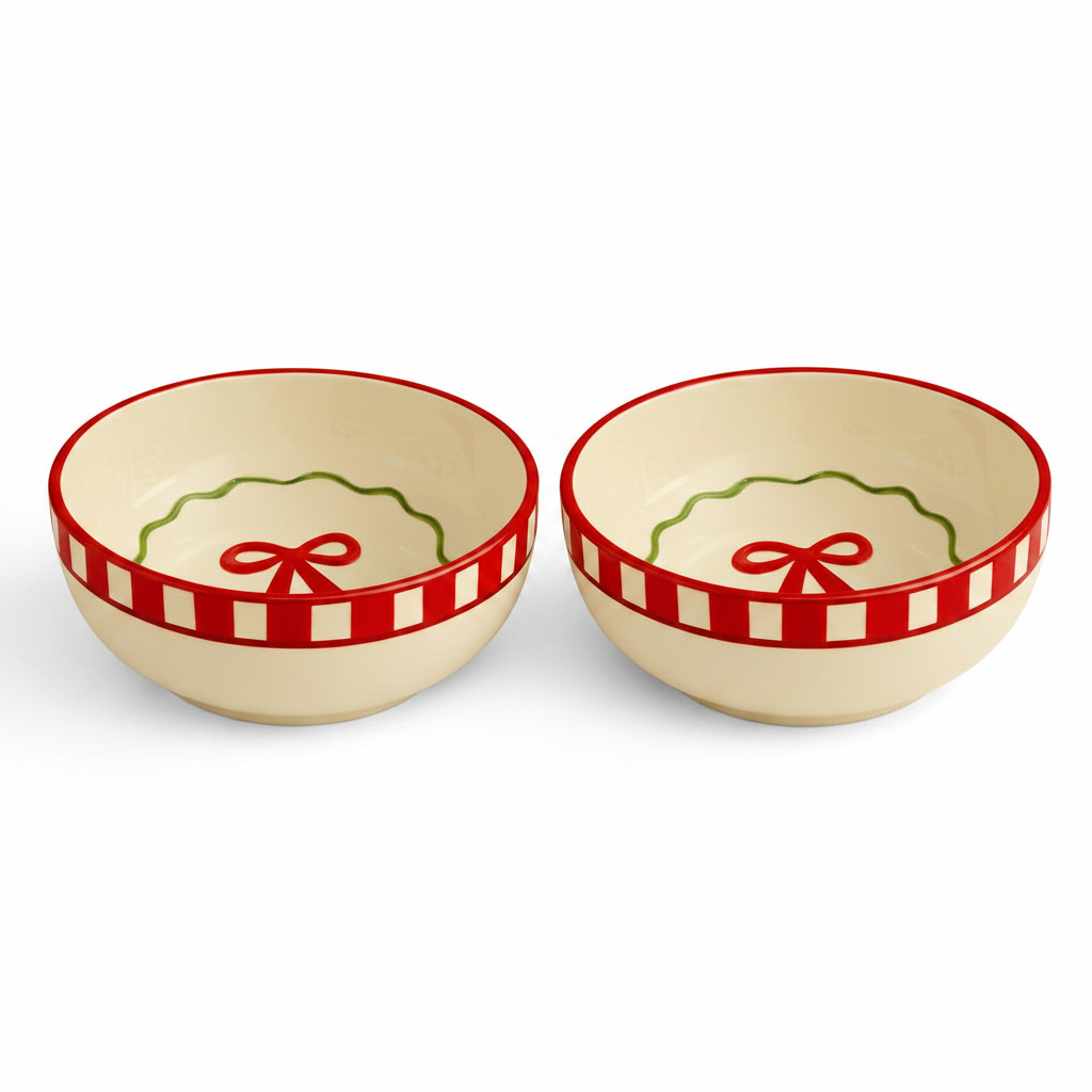 Set - Candy Cane Red Bow Ceramic Small Bowl