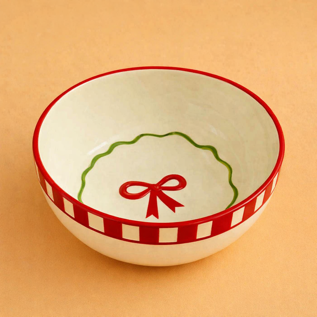 Set - Candy Cane Red Bow Ceramic Small Bowl