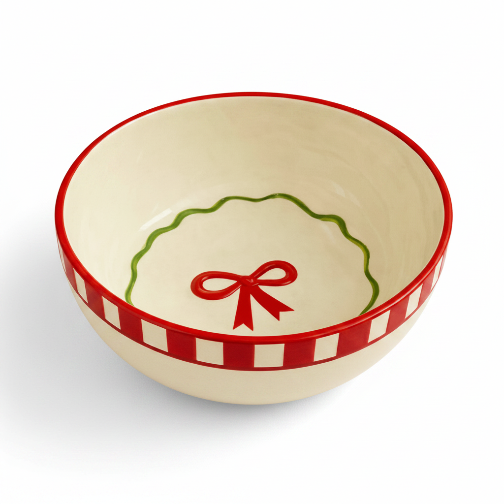 Set - Candy Cane Red Bow Ceramic Small Bowl
