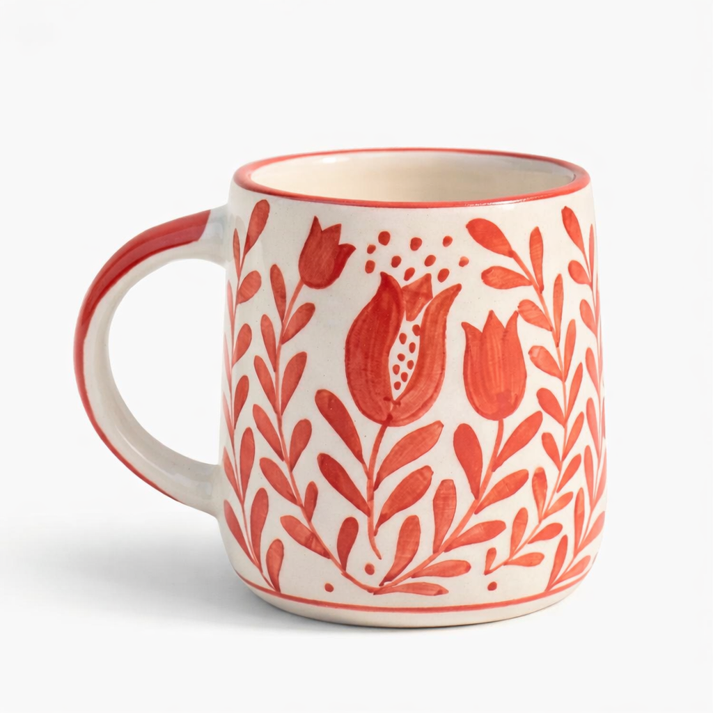 Anaar & Floral Folk Art Ceramic Mug (Red )