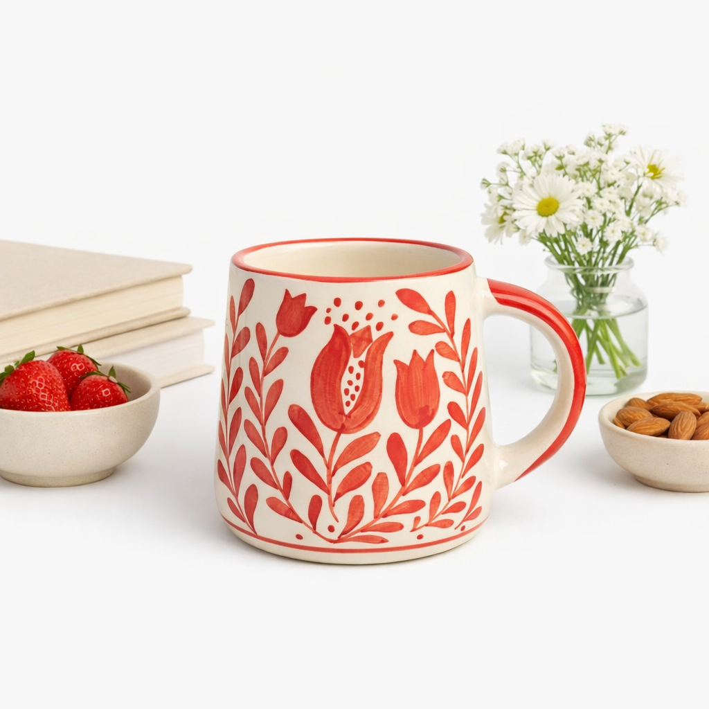 Anaar & Floral Folk Art Ceramic Mug (Red )
