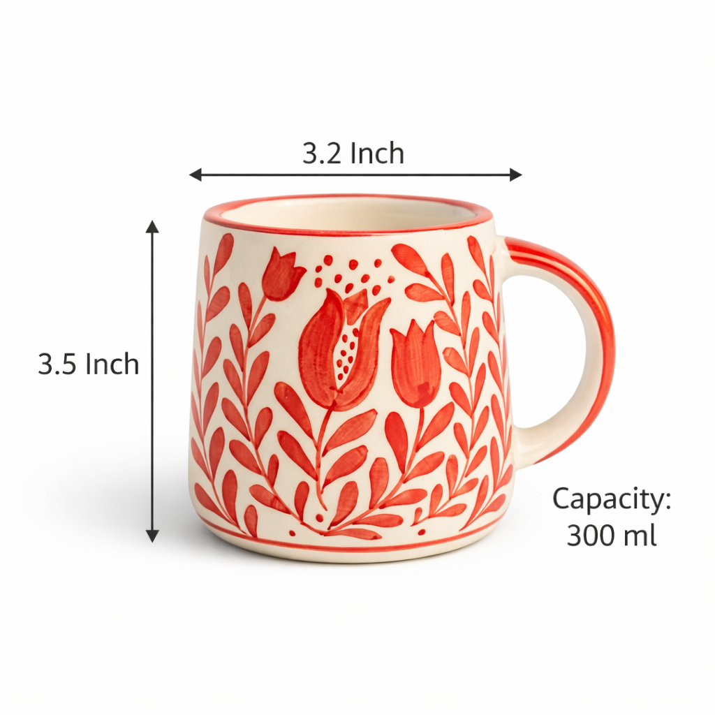 Anaar & Floral Folk Art Ceramic Mug (Red )