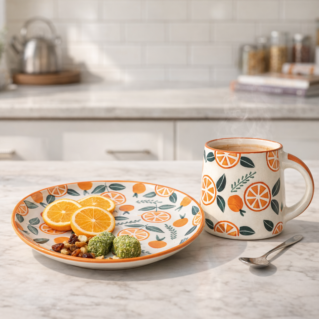 Narangi Orange Ceramic - Plate & Cup