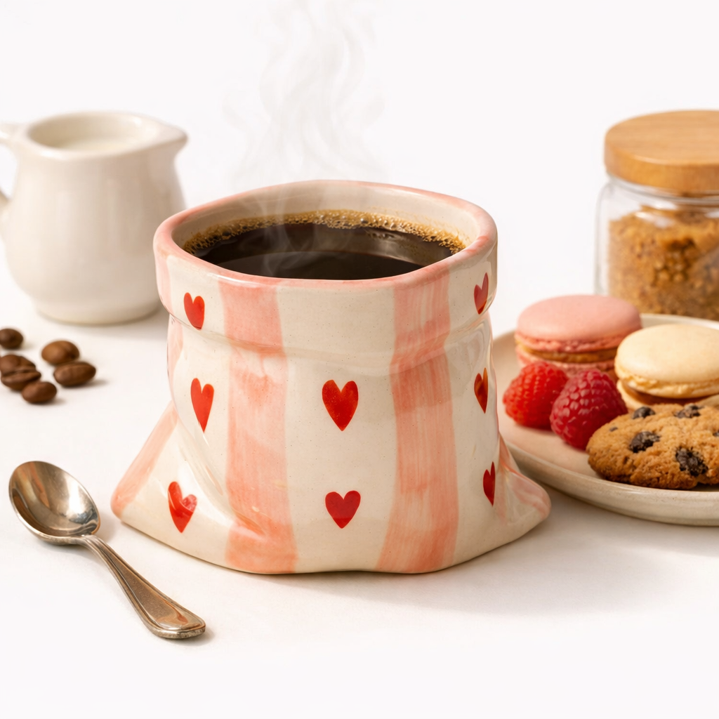 Pouch Shape White Ceramic Tumbler With Hearts (300 ml )