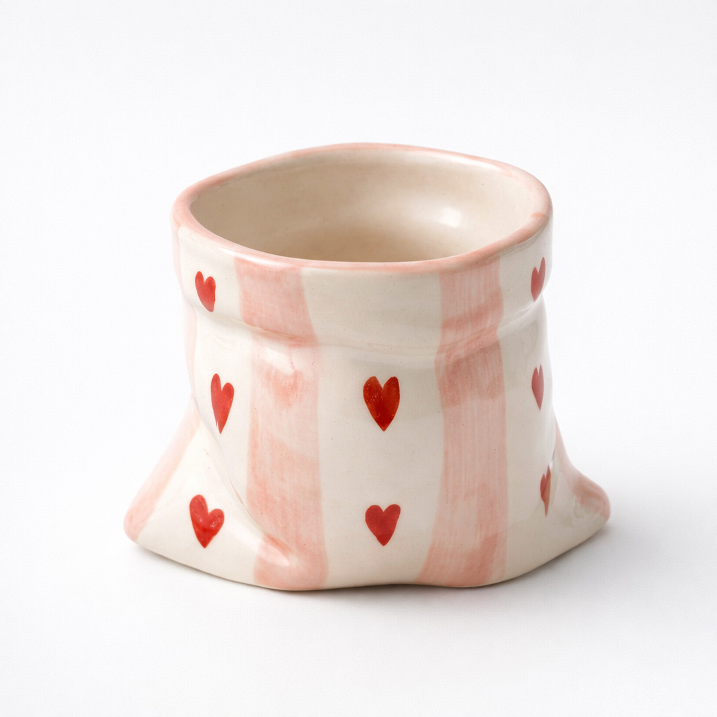 Pouch Shape White Ceramic Tumbler With Hearts (300 ml )