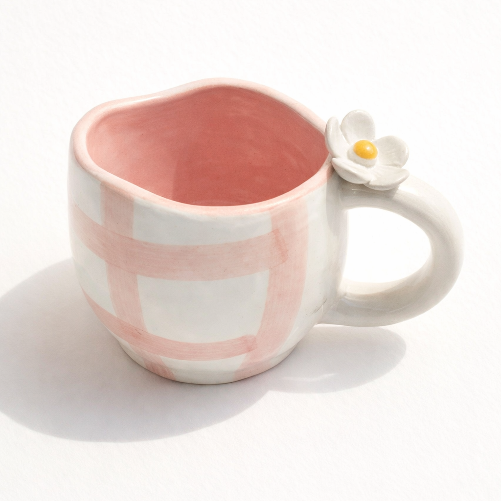 Handmade Pink Gingham Ceramic Mug with 3D Flower Handle (220 ml )