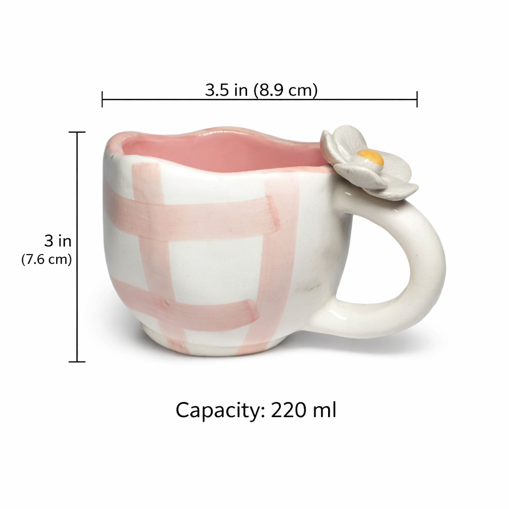 Handmade Pink Gingham Ceramic Mug with 3D Flower Handle (220 ml )
