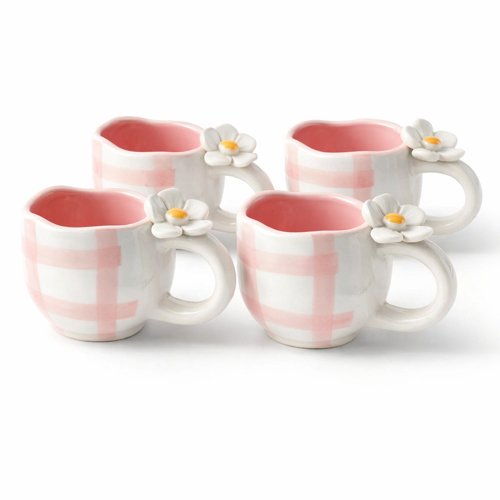 Handmade Pink Gingham Ceramic Mug with 3D Flower Handle (220 ml )
