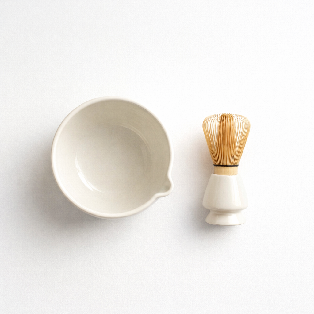 Pastel White Matcha Bowl & Whisk Holder Set