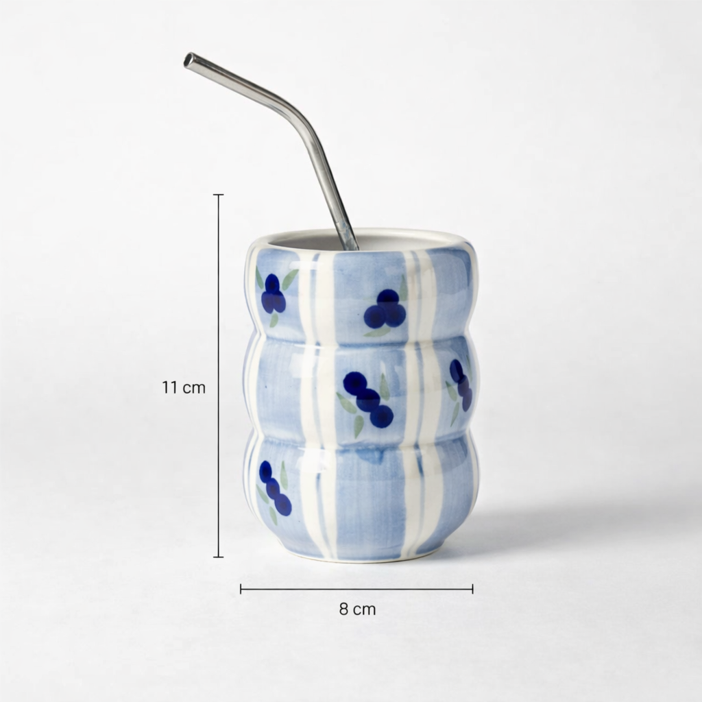 Blue Berry Ceramic Glass with Straw