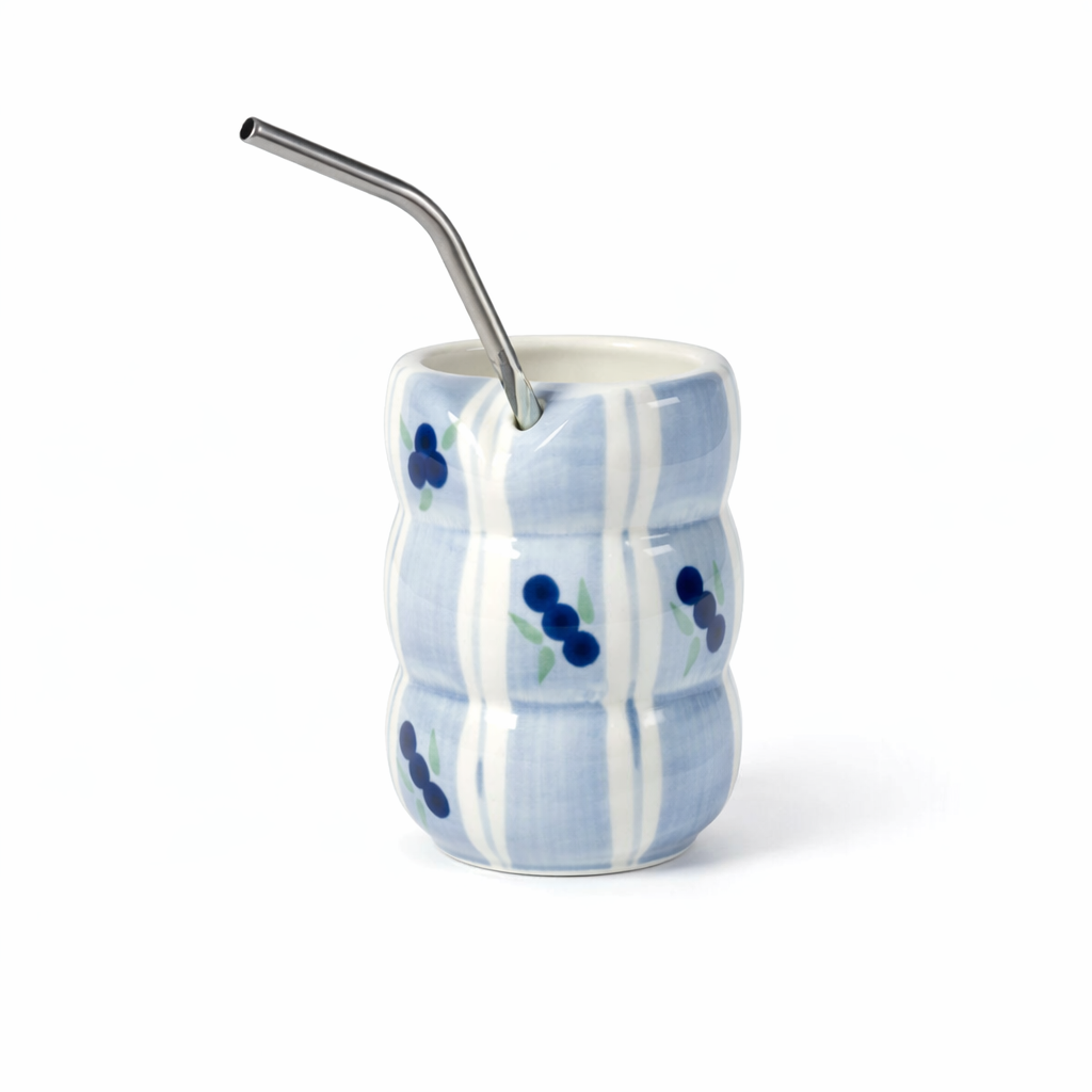 Blue Berry Ceramic Glass with Straw