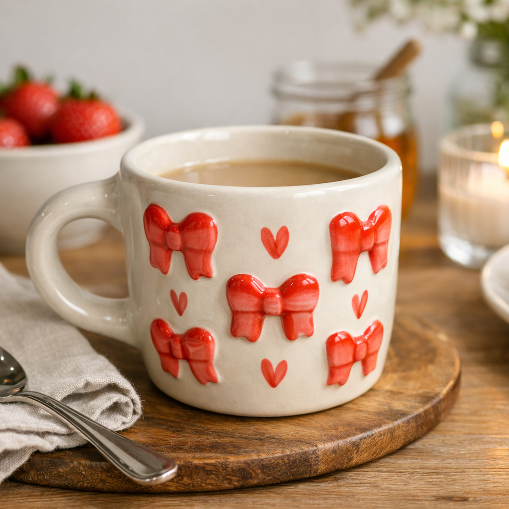 Handmade Ceramic Coffee Mug with 3D Textured Red Bows and Hearts