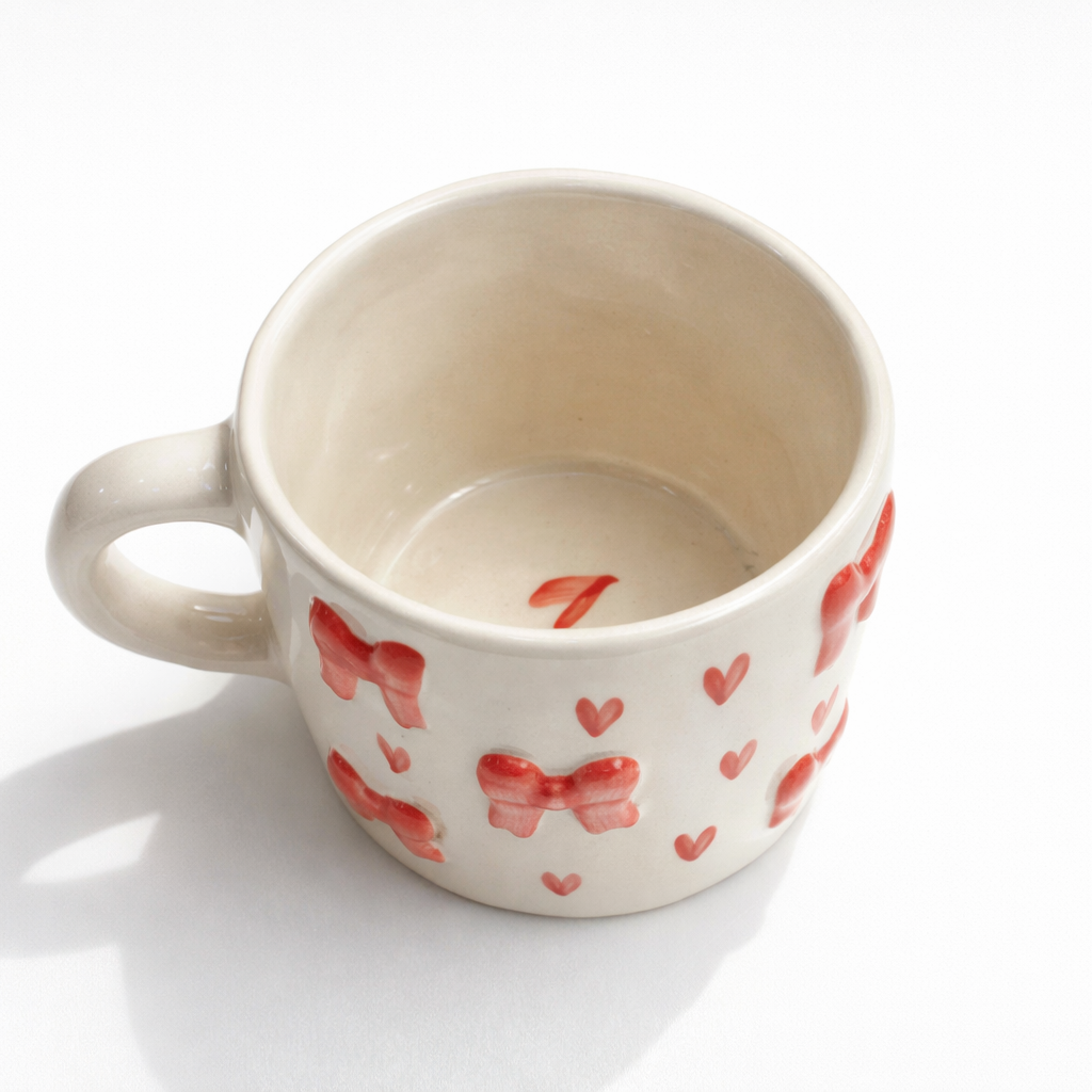Handmade Ceramic Coffee Mug with 3D Textured Red Bows and Hearts