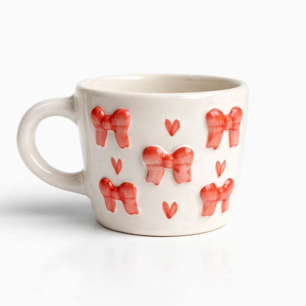 Handmade Ceramic Coffee Mug with 3D Textured Red Bows and Hearts