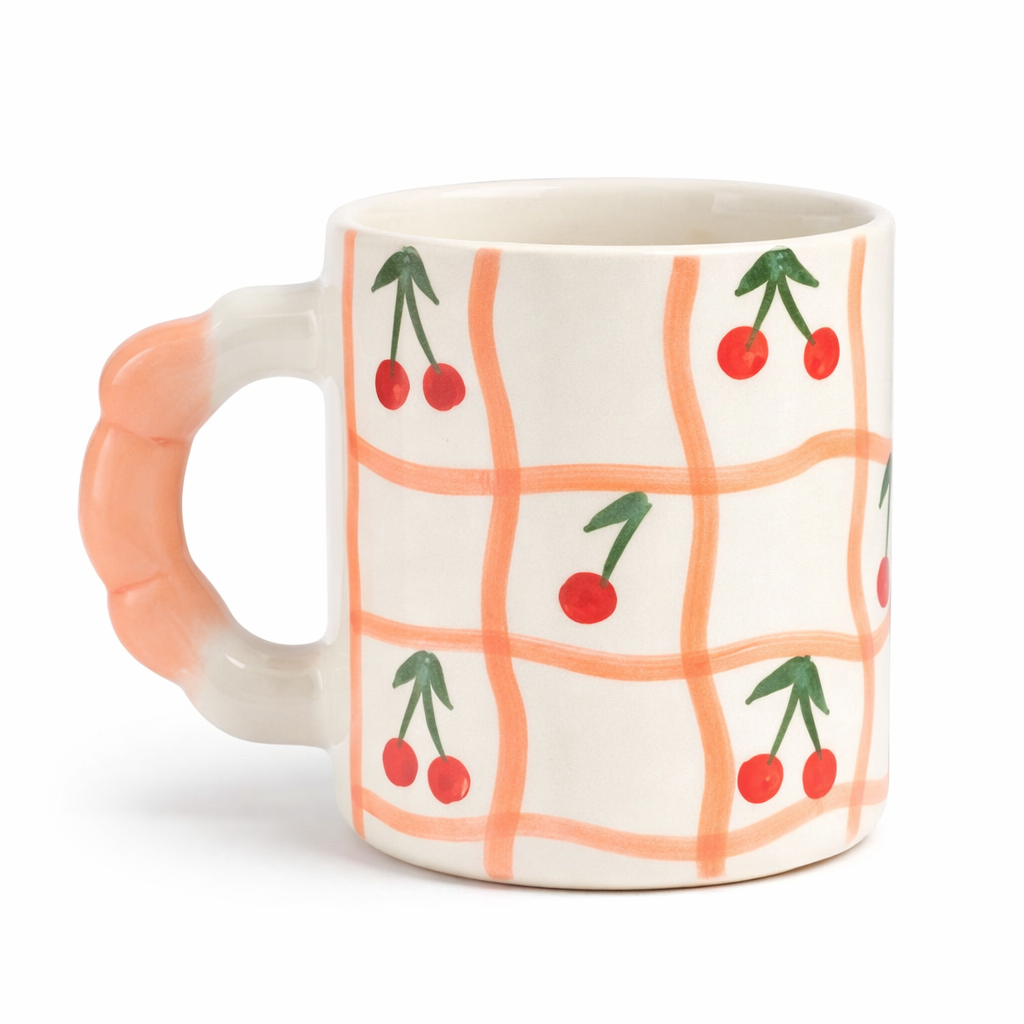 Cherry Grid Handpainted Ceramic Mug – Peach Handle