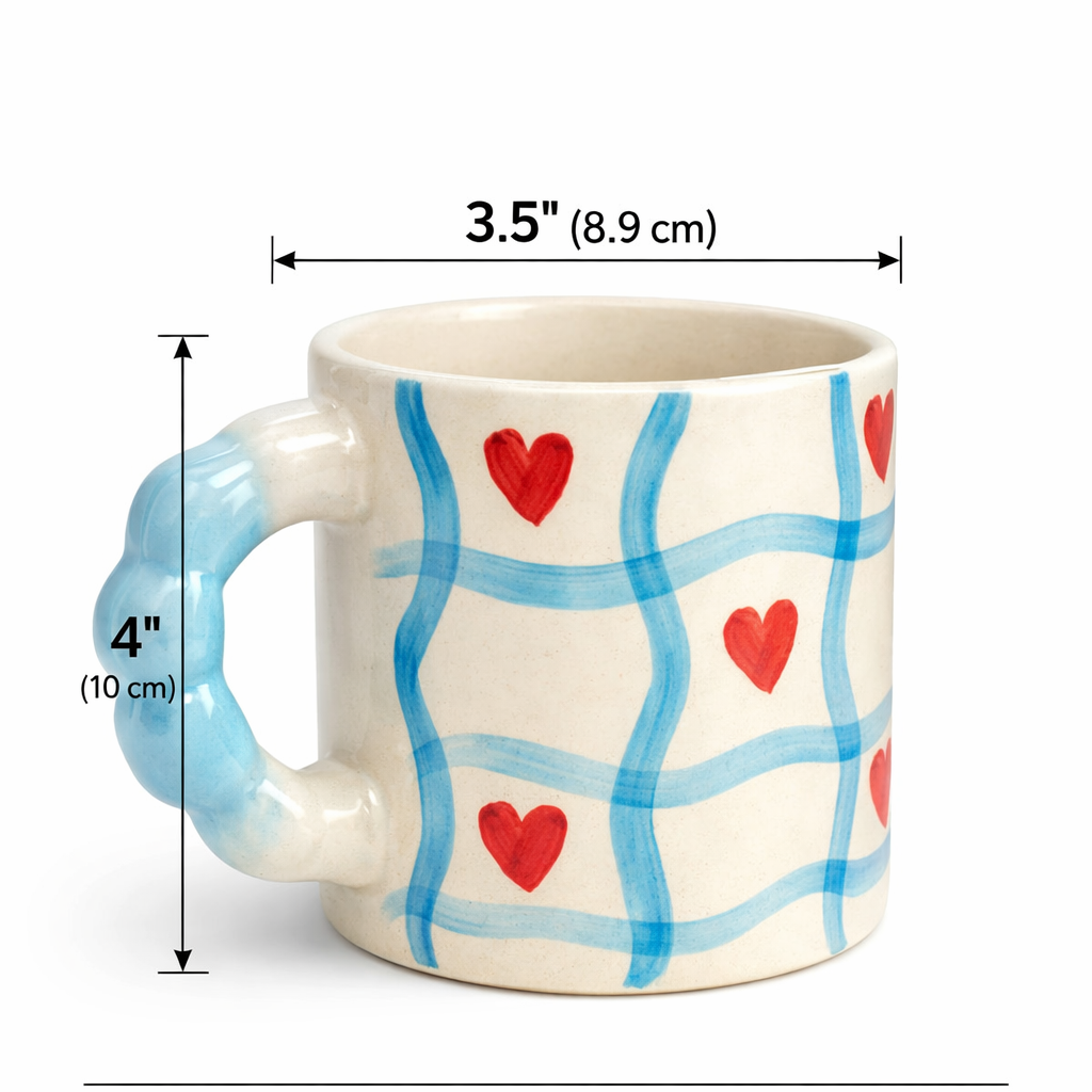 Heart Grid Handpainted Ceramic Mug – Sky Blue Handle