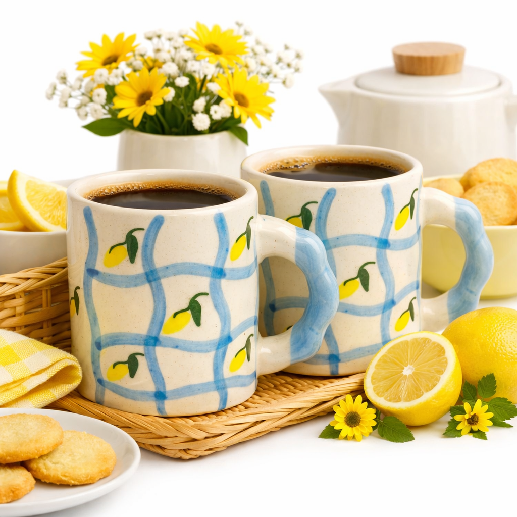 Lemon Grid Handpainted Ceramic Mug – Sky Blue Handle