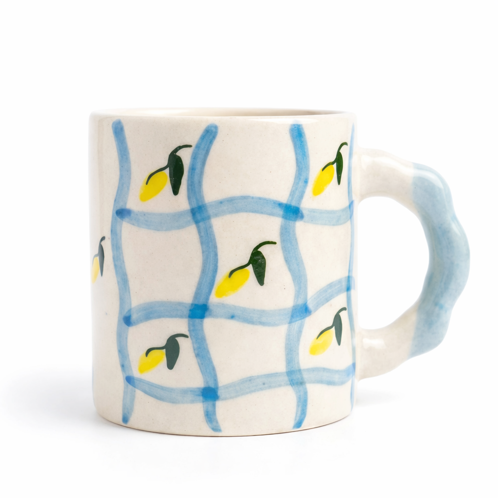 Lemon Grid Handpainted Ceramic Mug – Sky Blue Handle