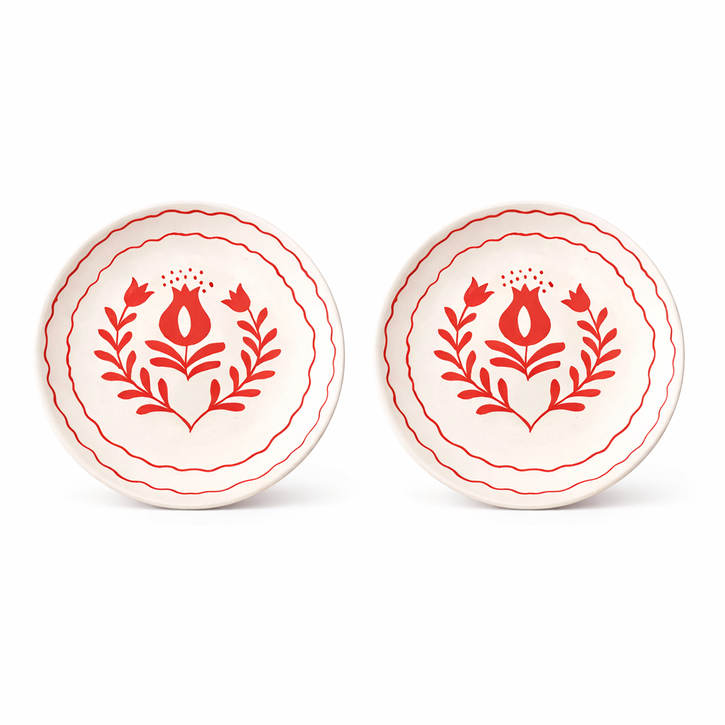 Red Anaar & Floral Folk Art Ceramic Plate (7inches)
