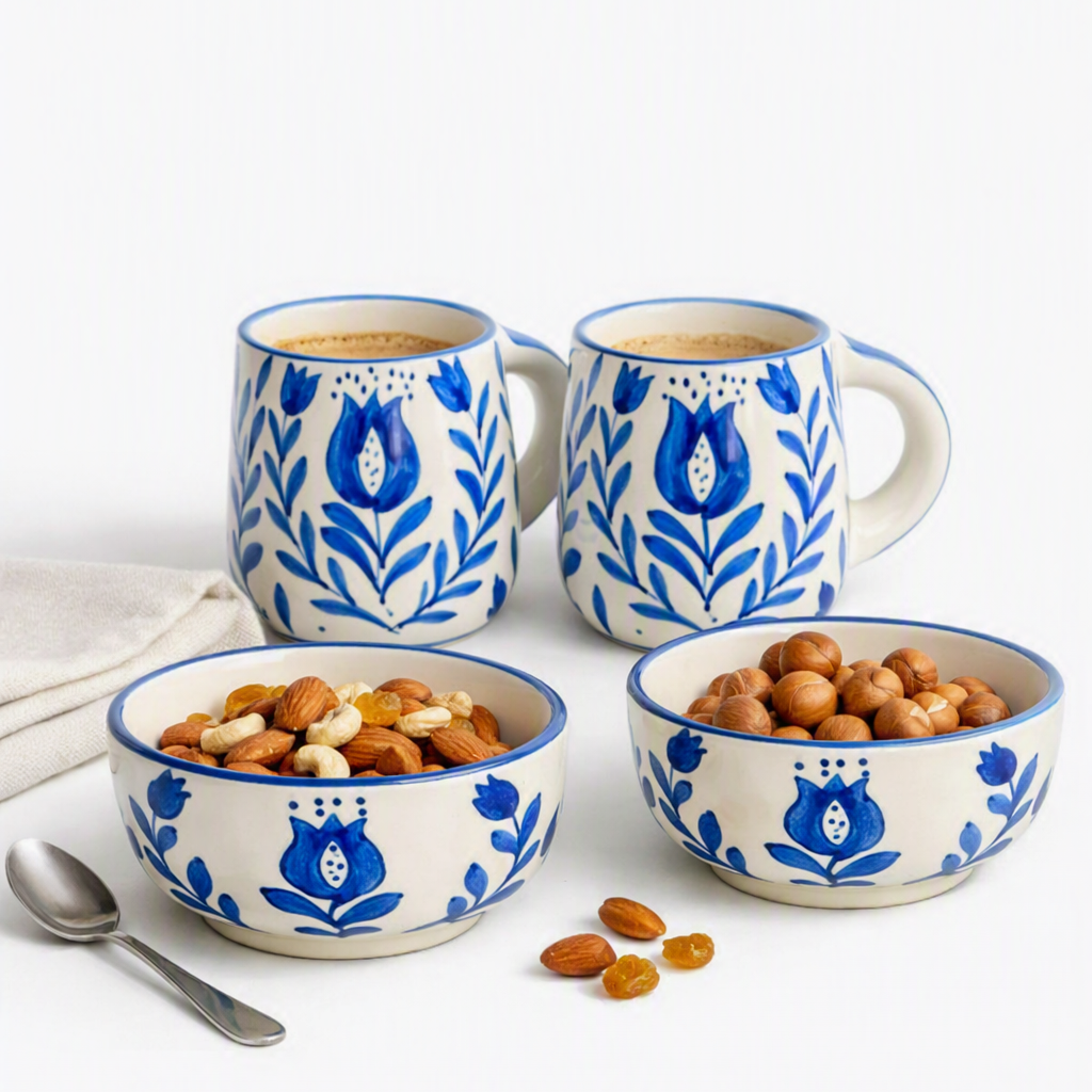 Blue Blossom Ceramic Mug & Bowl Set of 4 - Hamper Set