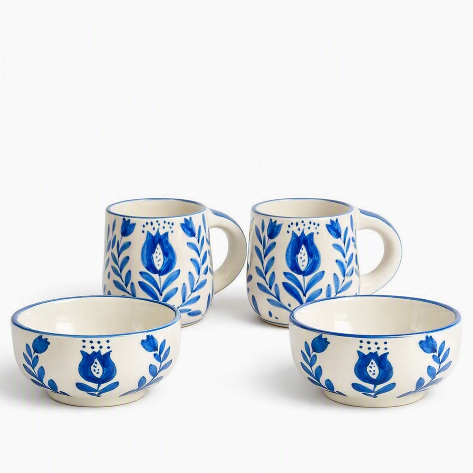Blue Blossom Ceramic Mug & Bowl Set of 4 - Hamper Set