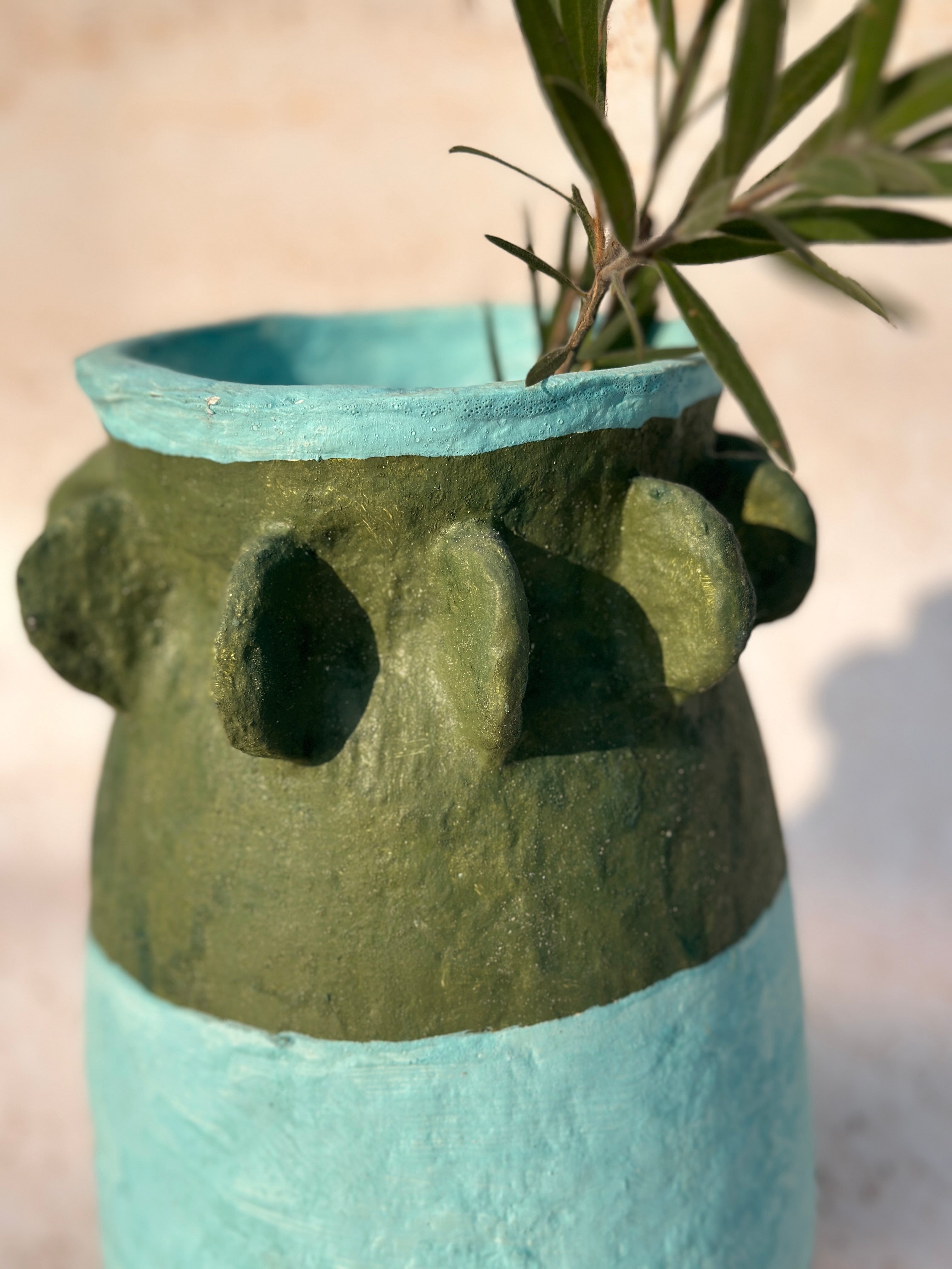 Stripe Olive Green & Sky Blue Paper Mache Vase
