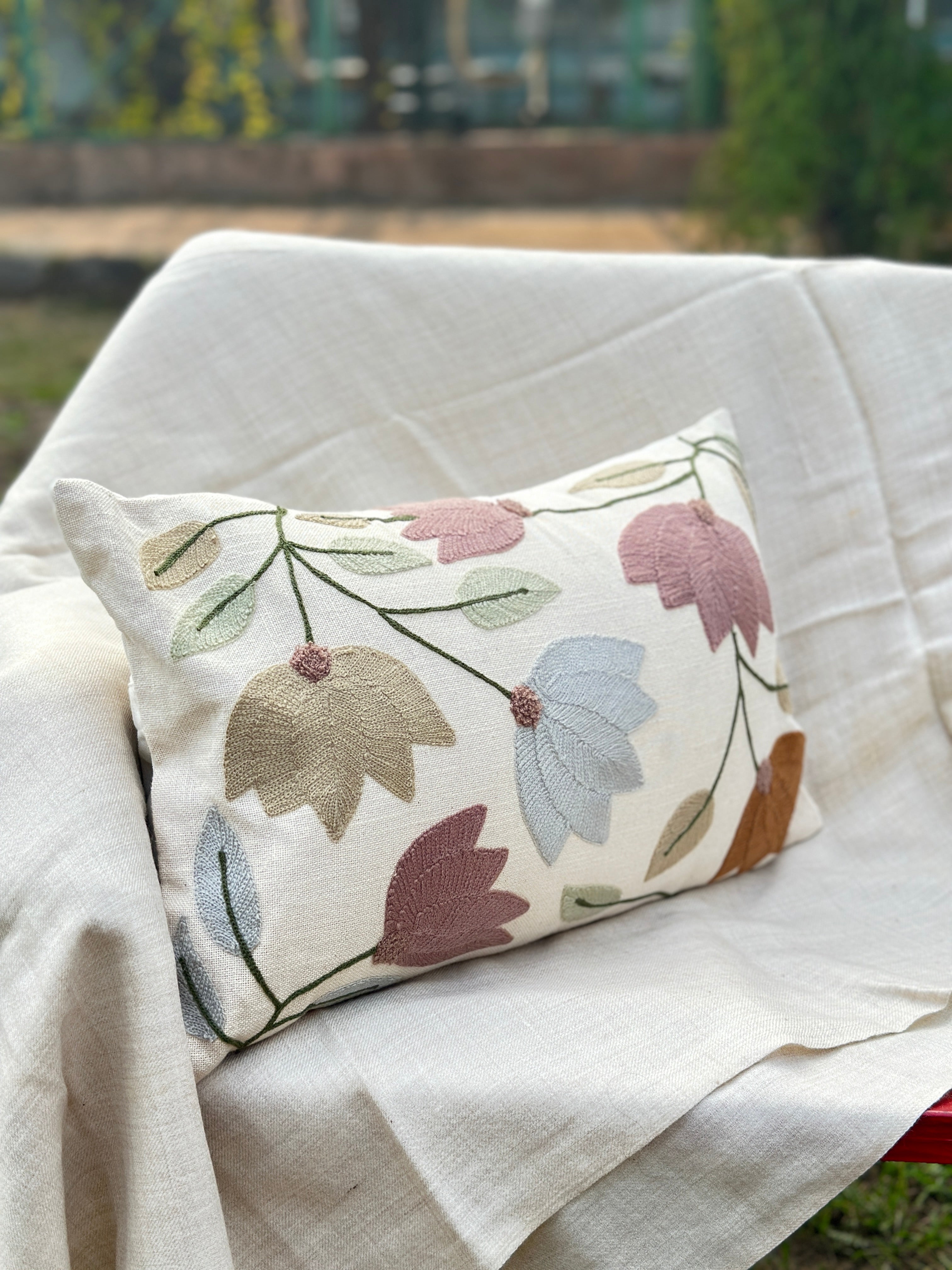 Lotus Embroidered Lumbar Cushion