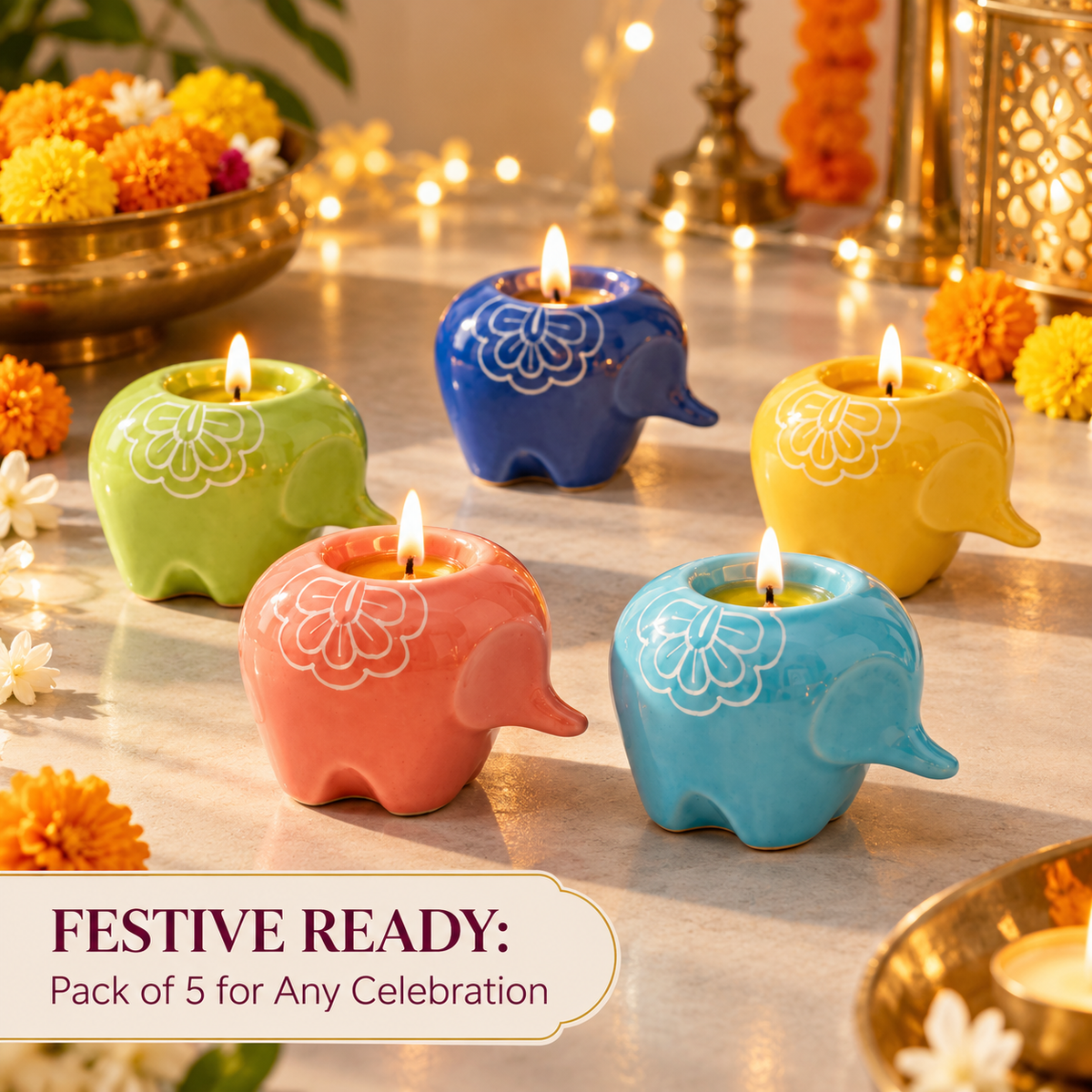 The Rainbow Elephant: Ceramic Diya (Assorted Pack of 5)
