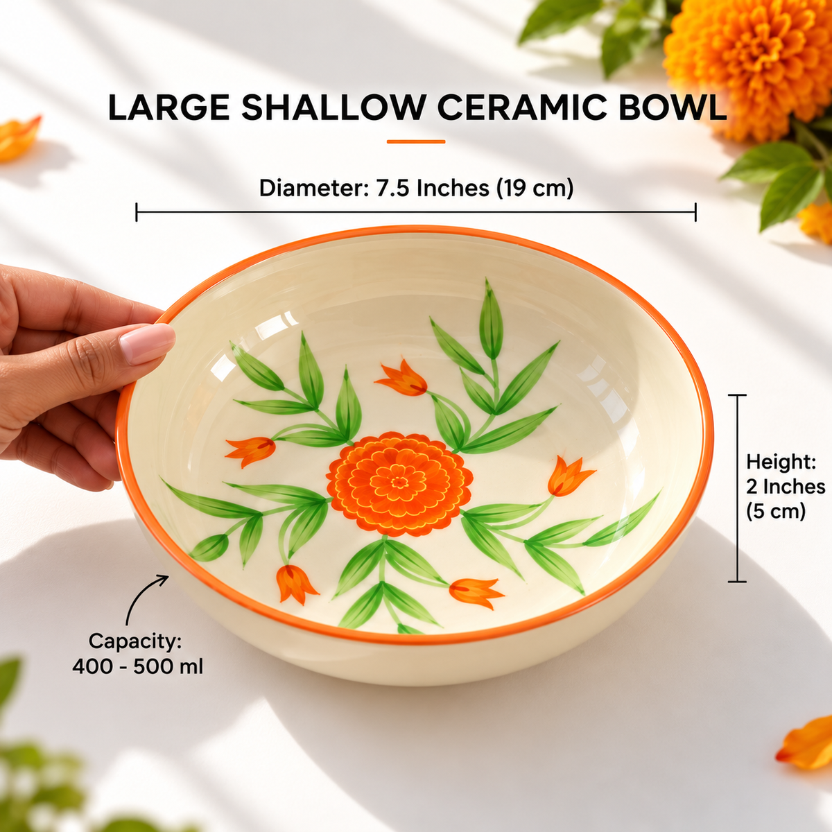 Marigold Mandi Ceramic Shallow Bowl - Large (7.5 x 2 Inches)