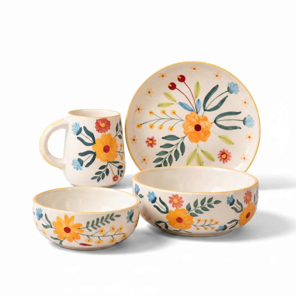 Ceramic tableware set with floral designs on a peach background
